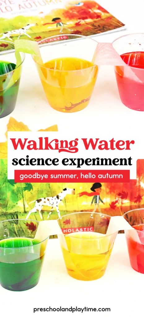 cups with red, green, and yellow water next to the book "goodbye summer, hello autumn"